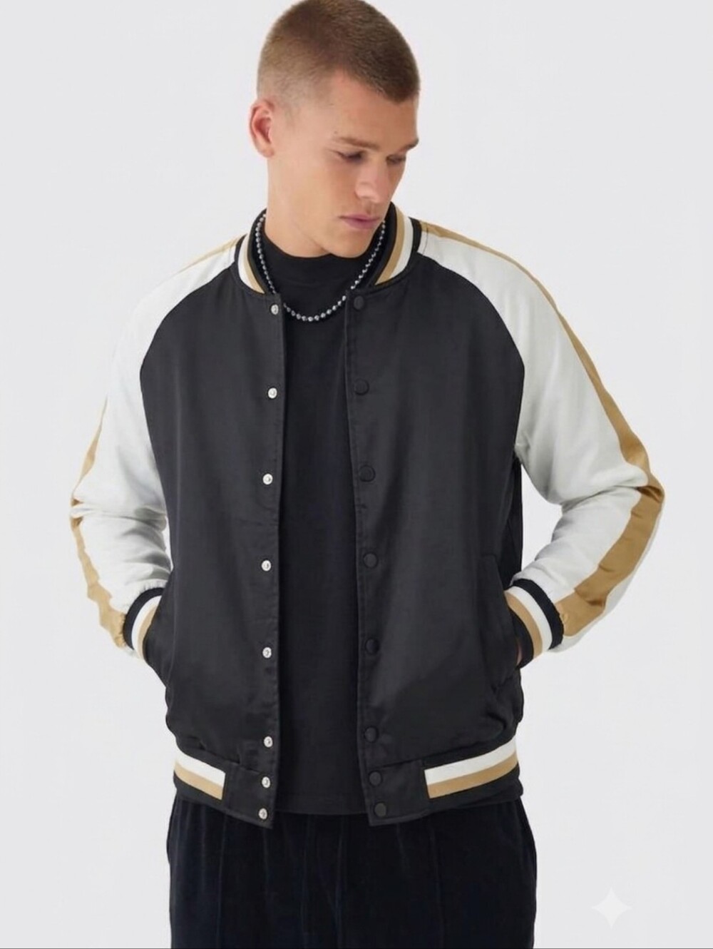 NWT boohooMAN Satin Bomber Varsity Jacket Black Gold M
